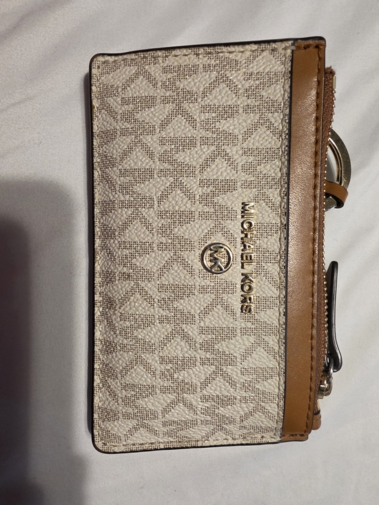 Michael Kors Handbags - Michael Kors Beige/Tan Monogram Zip Card Case with Gold Hardware